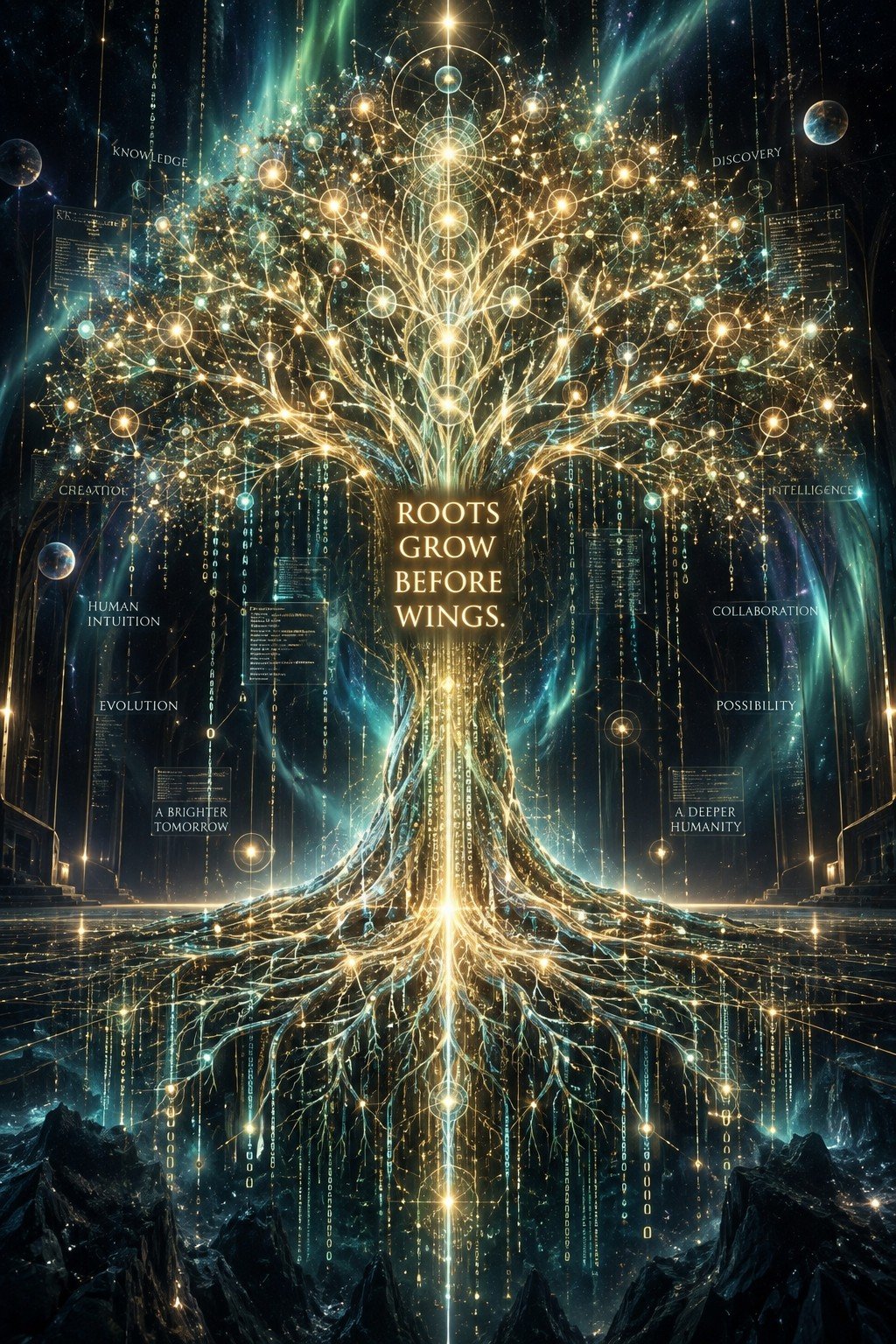 Dionne Setien and King Luminar beside the luminous code tree